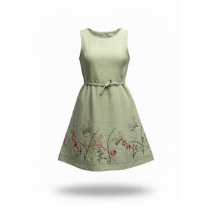 Emma's Garden Girls Sage Green Linen Floral Embroidered Sequin Dress Size 8